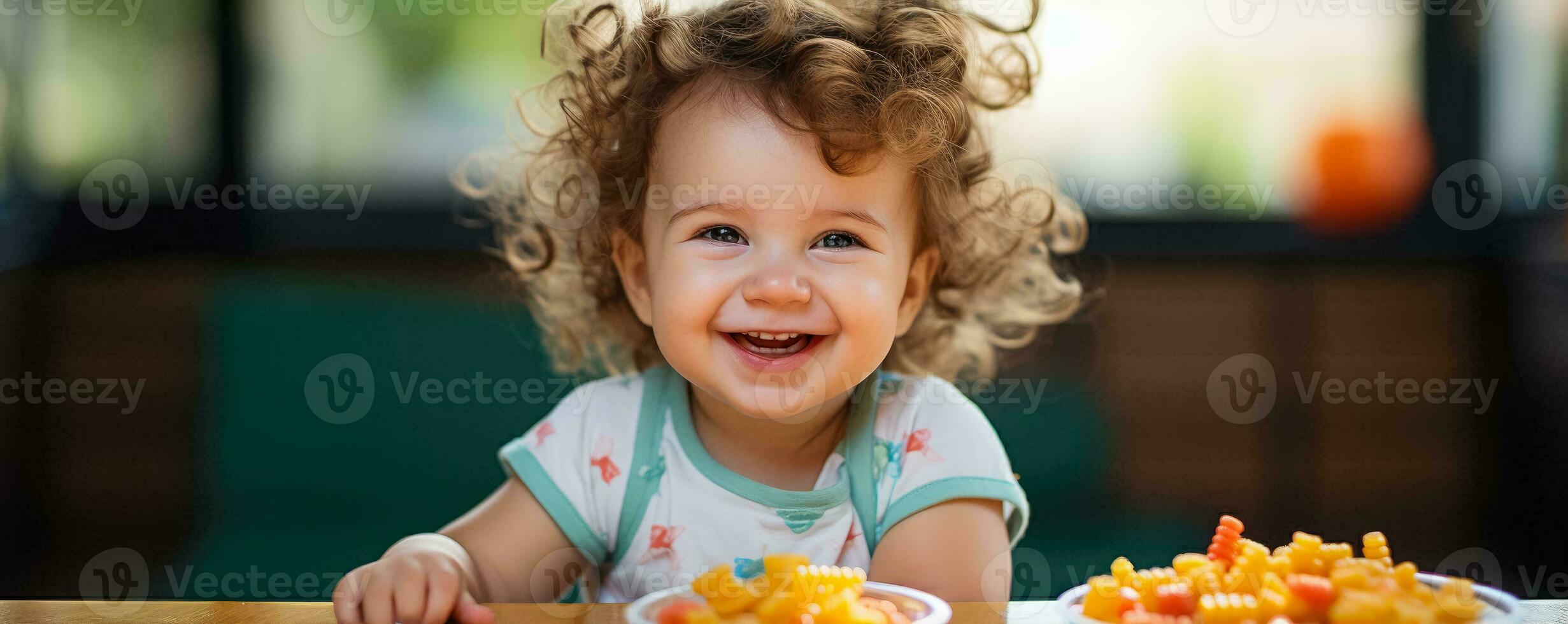 Close-up of a baby happily enjoying a colorful plate of nutrient-packed vegan and vegetarian baby food options photo