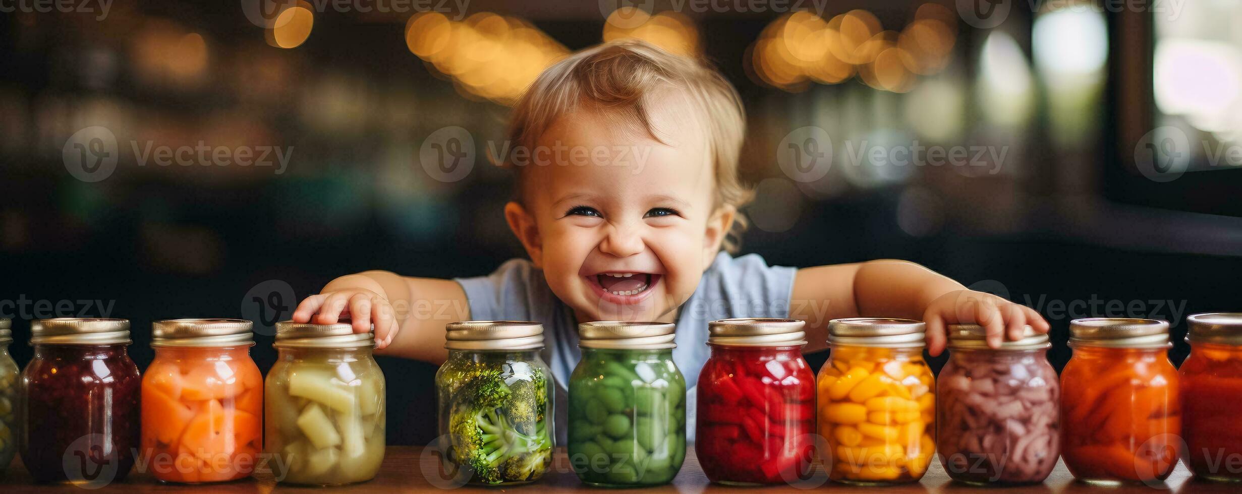 A close-up photo of a happy baby trying a variety of colorful and nutritious vegan and vegetarian purees