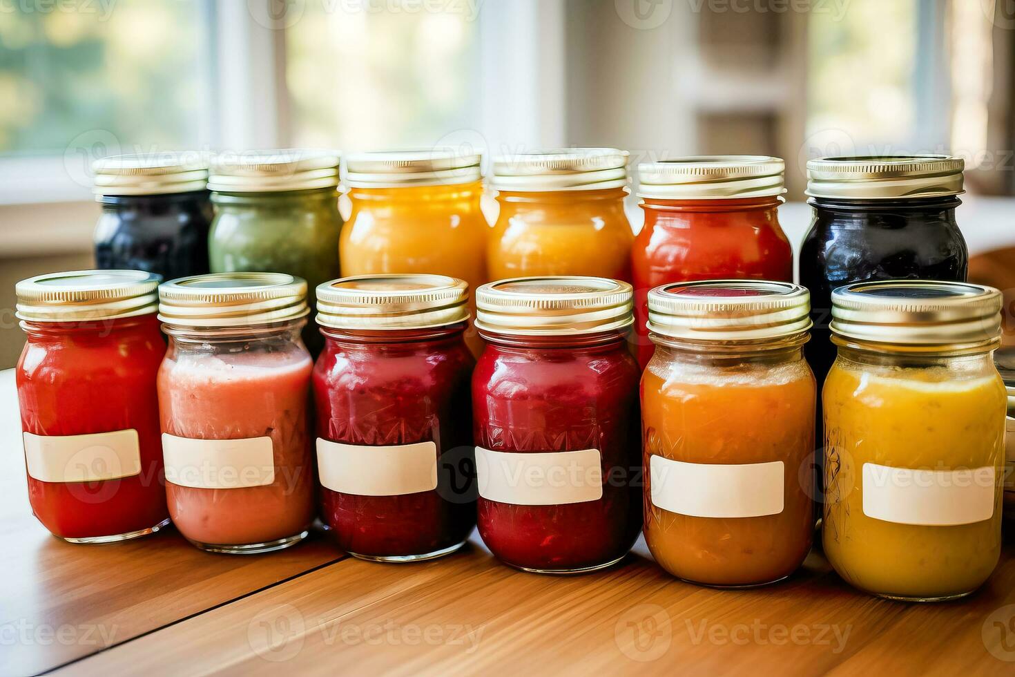 A close-up photo of neatly arranged labeled jars and containers filled with homemade baby food for convenient storage and organization