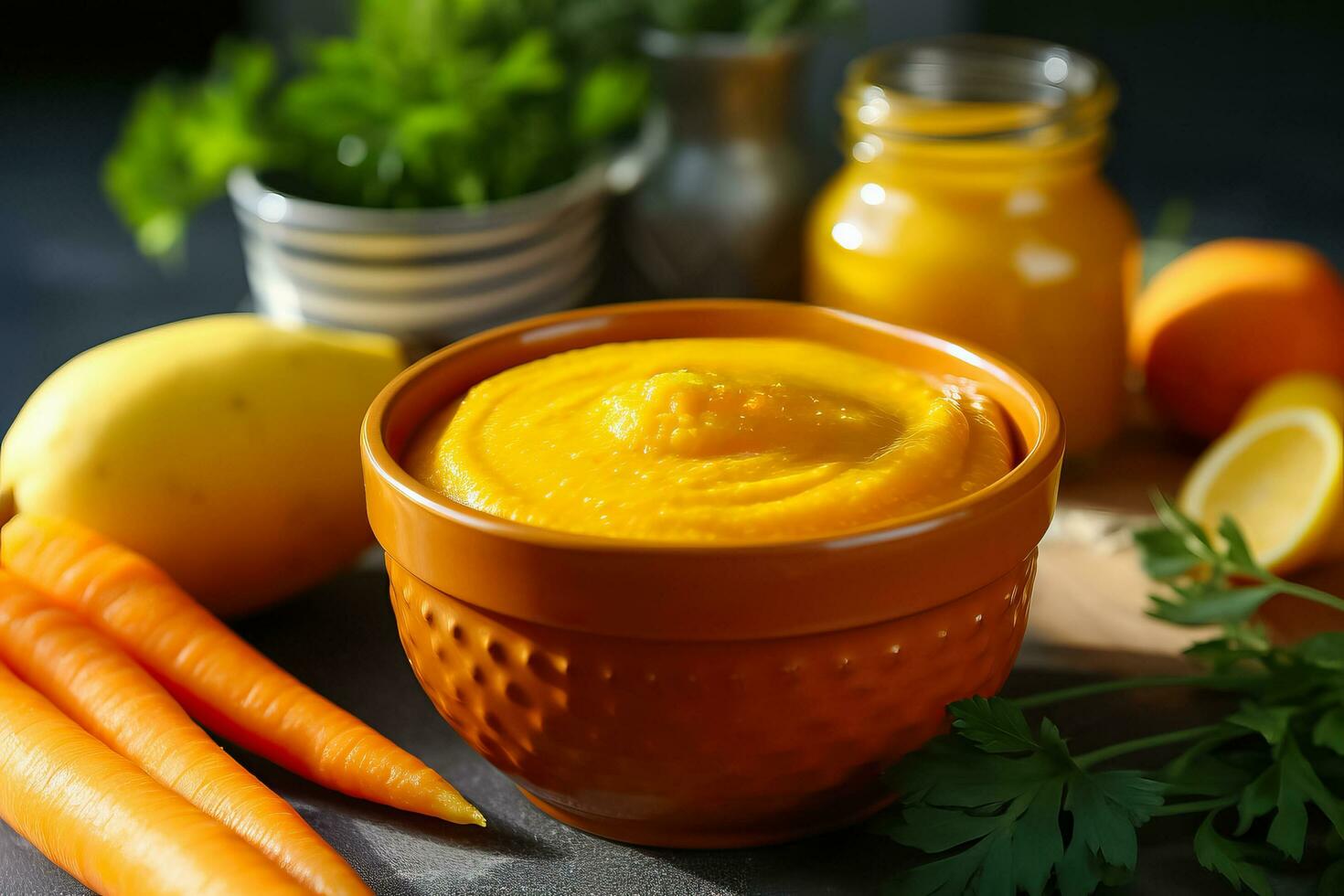 A close-up shot of a bright orange puree perfect for introducing carrots to babys diet photo