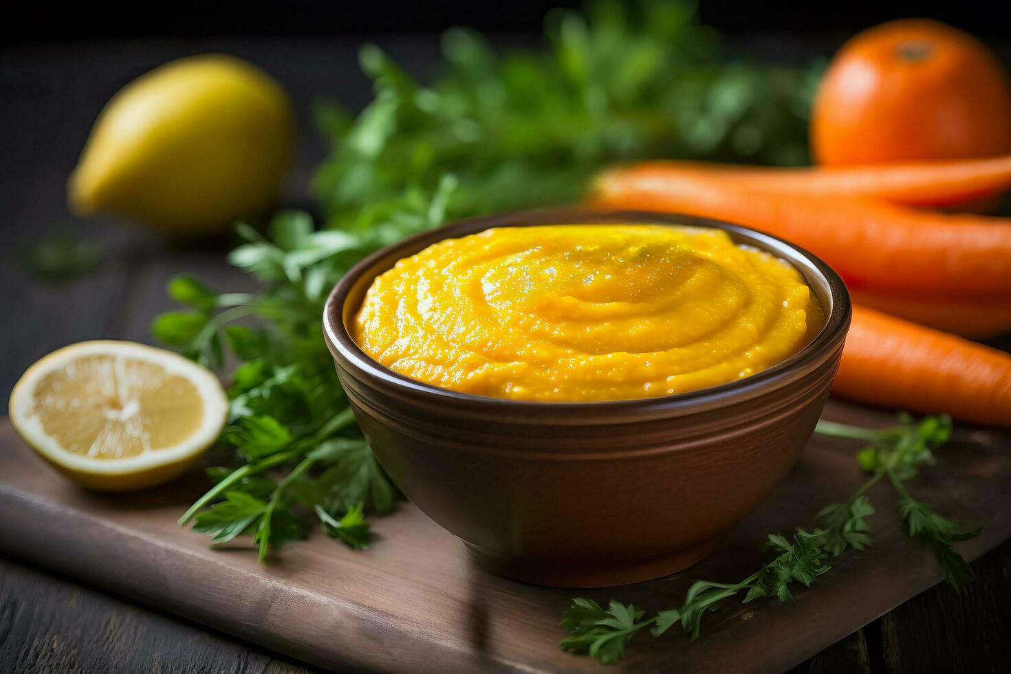 A close-up shot of a bright orange puree perfect for introducing carrots to babys diet photo
