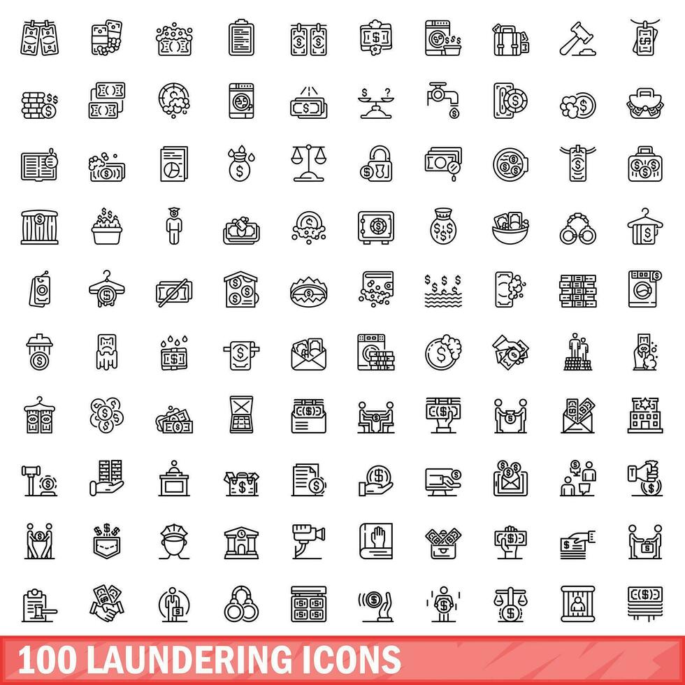 100 laundering icons set, outline style vector