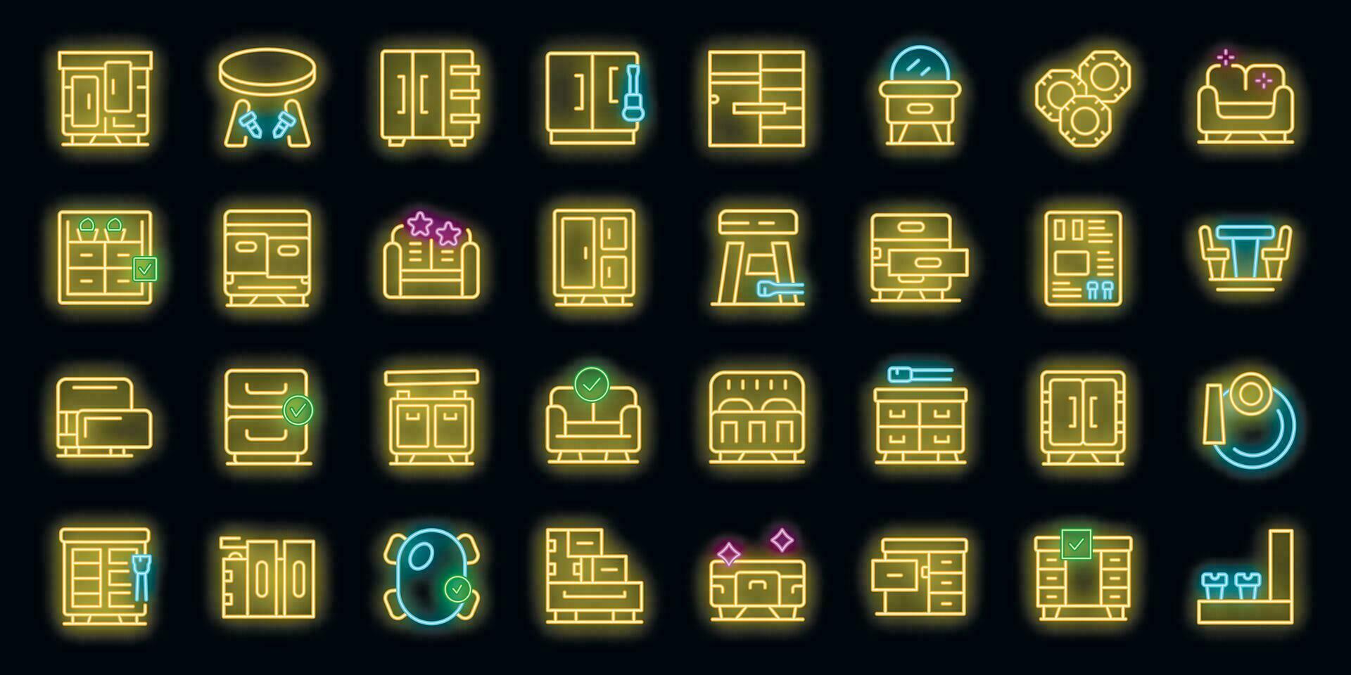 Furniture assembly icons set vector neon