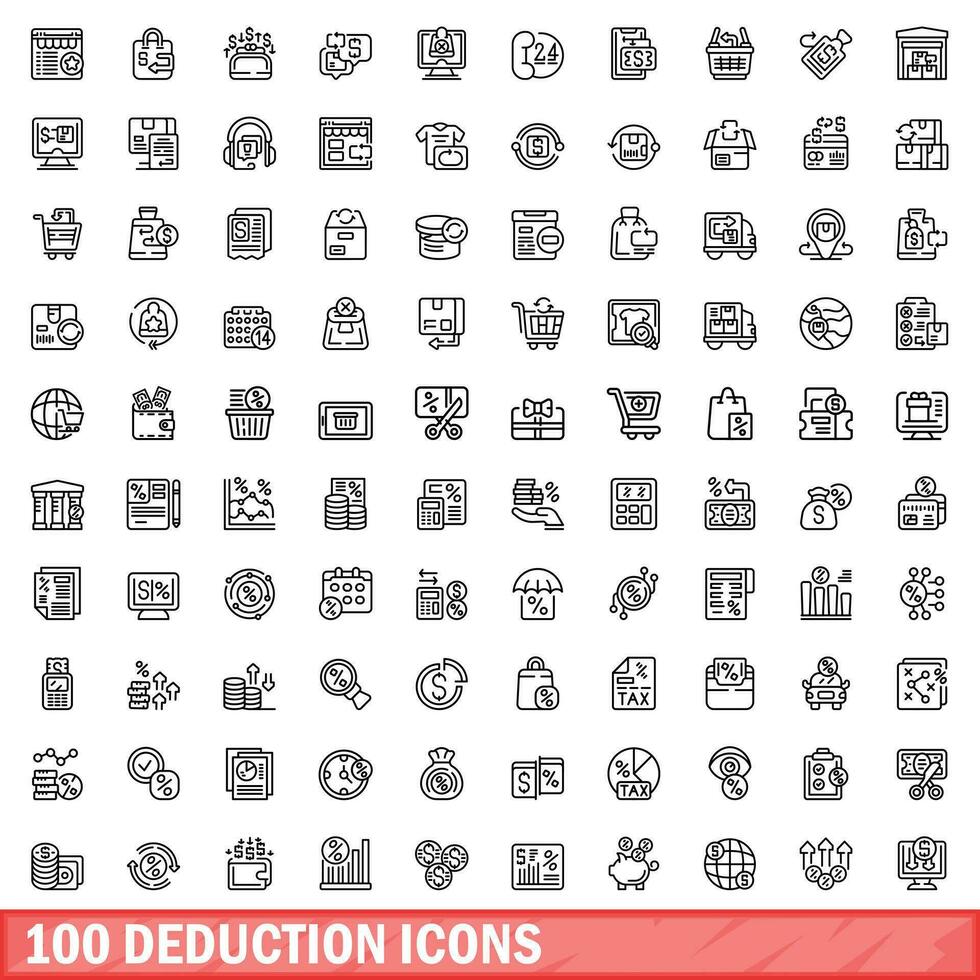 100 deduction icons set, outline style vector