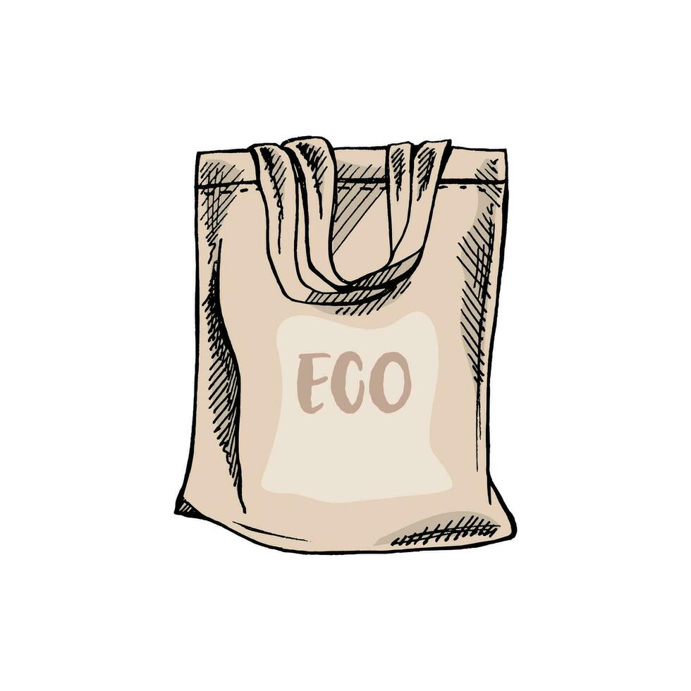 dibujado a mano eco bolso bosquejo. ecológico concepto, naturaleza proteccion, textil lino bolsa. de colores garabatear dibujo. Clásico ilustración. vector