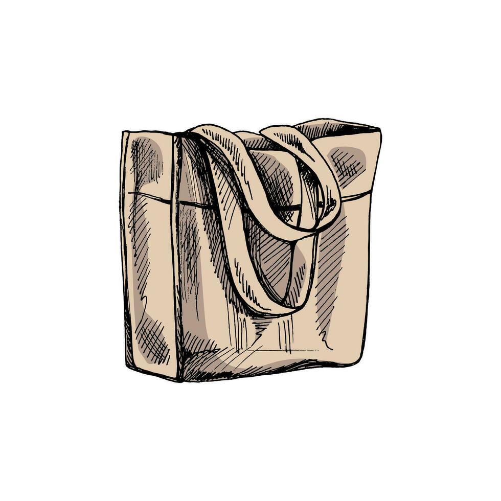 dibujado a mano eco bolso bosquejo. ecológico concepto, naturaleza proteccion, textil lino bolsa. de colores garabatear dibujo. Clásico ilustración. vector