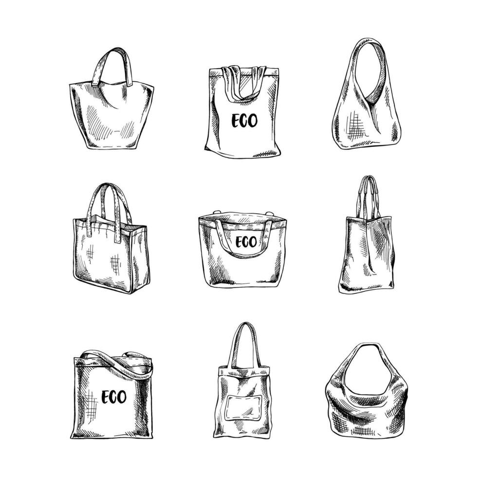 un dibujado a mano conjunto de bocetos de bolsas ecológicas. ecológico concepto, naturaleza proteccion, textil lino bolsa. garabatear dibujo. Clásico ilustración. vector