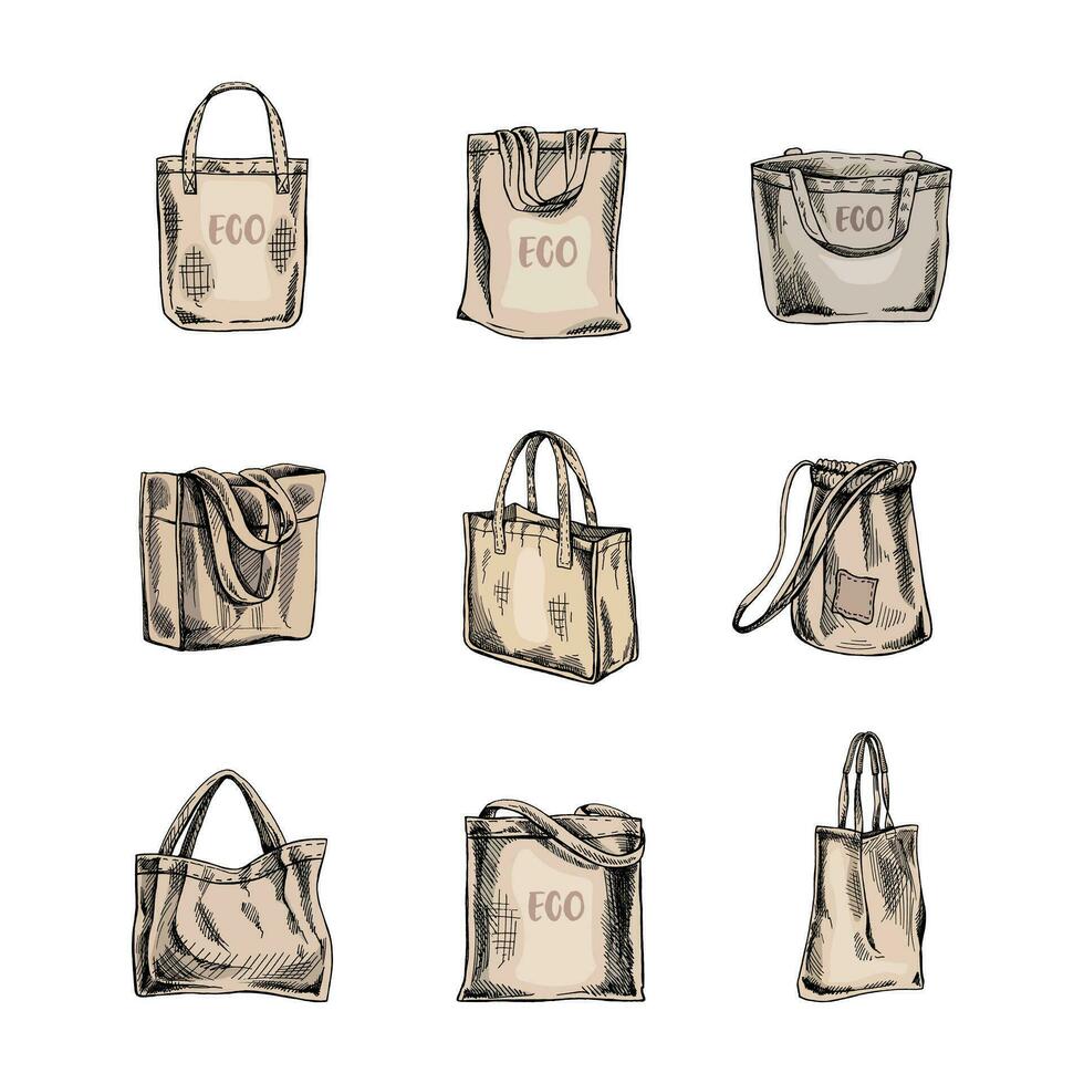 A hand-drawn set of colored sketches of eco-bags.  Ecological concept, nature protection, textile linen bag. Doodle drawing. Vintage illustration. vector