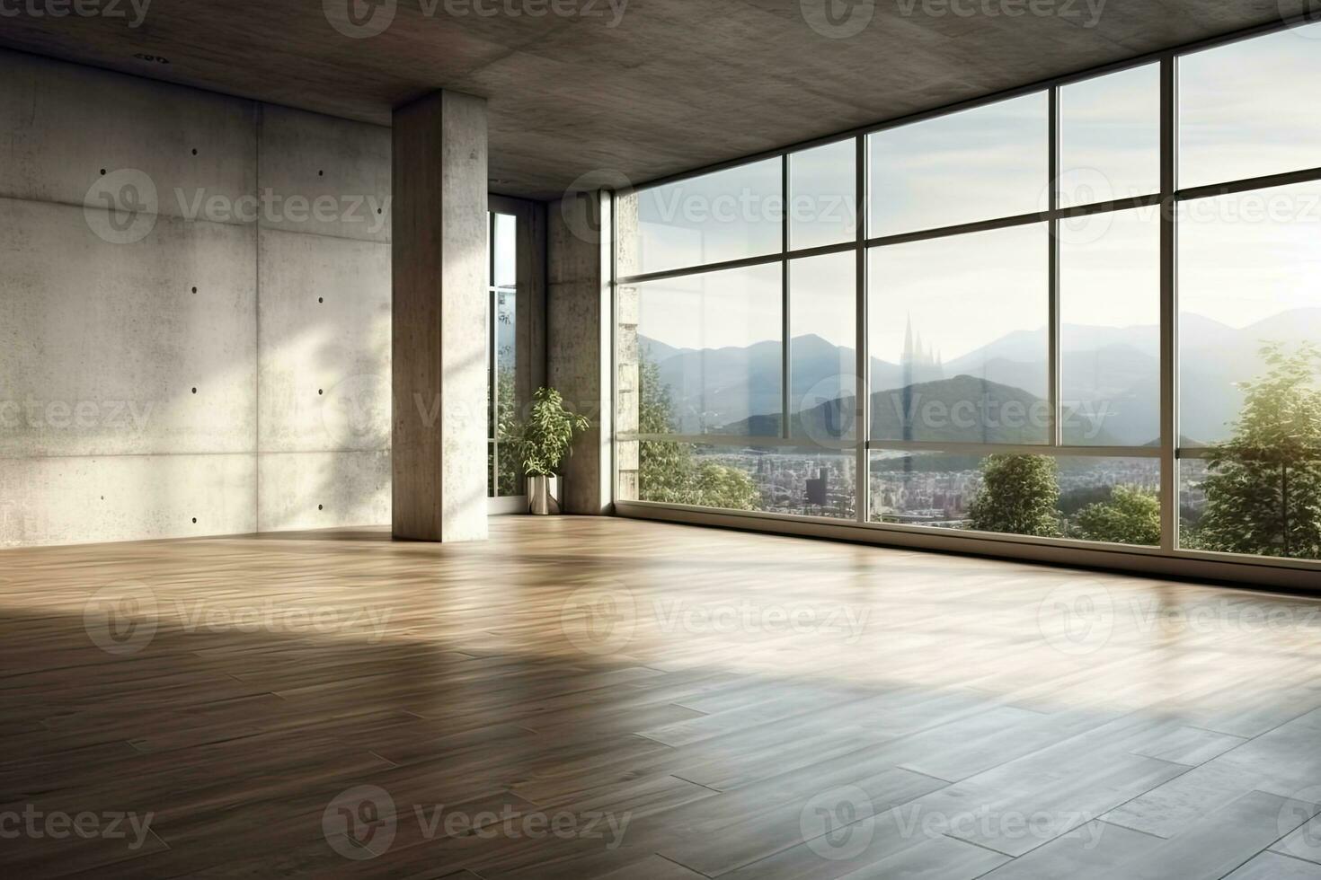 Empty room with panoramic window and mountain view. Generative AI photo