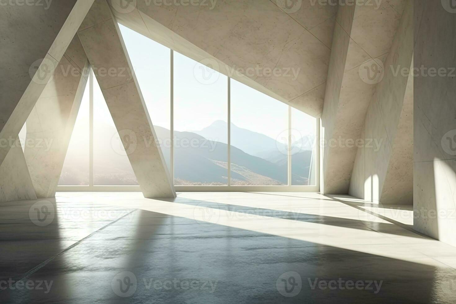 architecture empty room with window and mountain background with sunlight. Generative AI photo