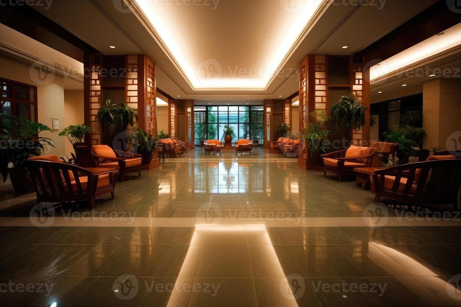 Hotel lobby with chinese style furniture profesional photograpy Ai Generated photo