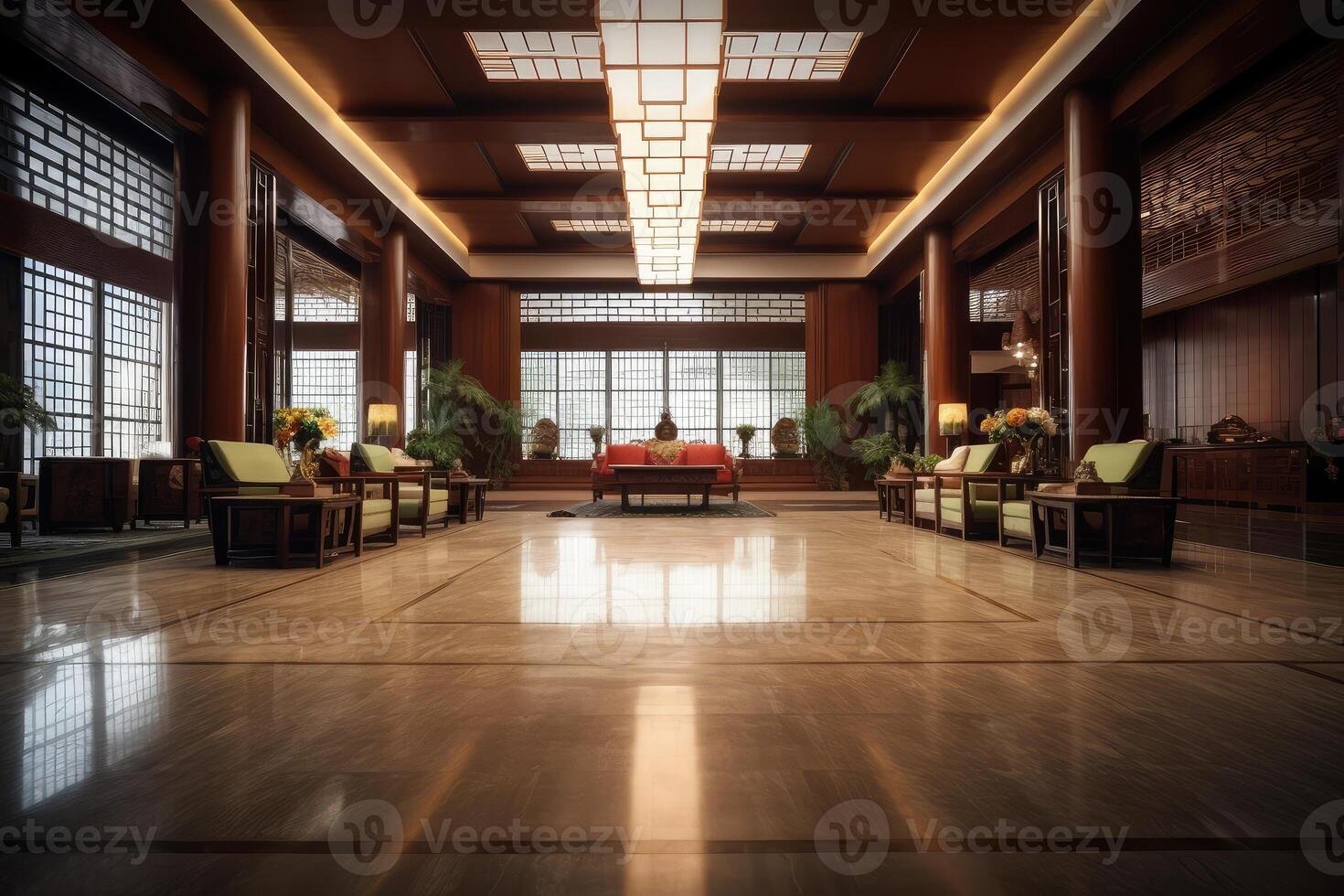 Hotel lobby with chinese style furniture profesional photograpy Ai Generated photo