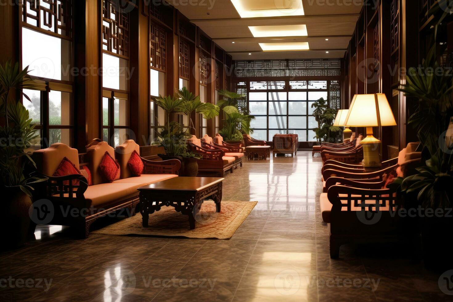 Hotel lobby with chinese style furniture profesional photograpy Ai Generated photo
