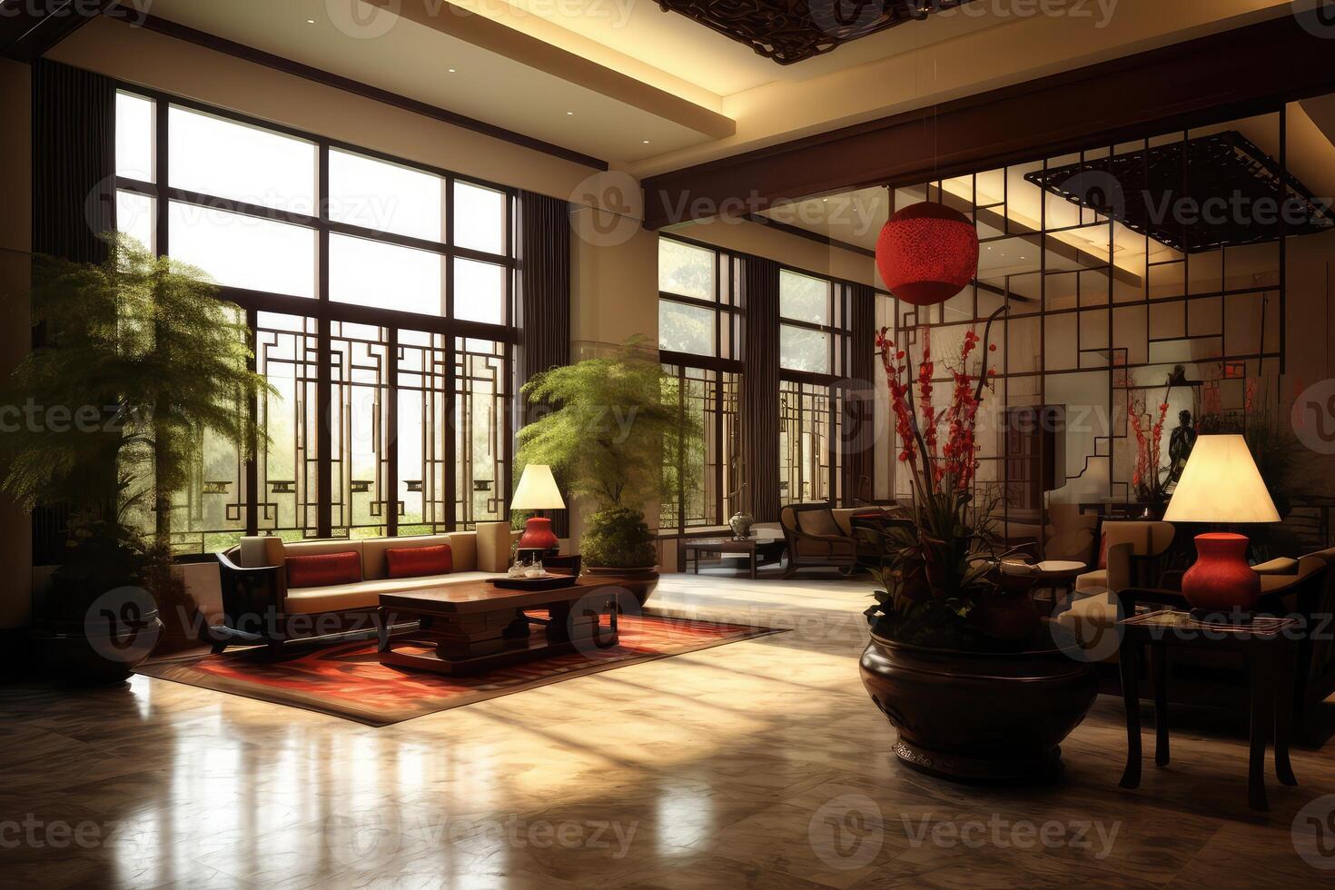 Hotel lobby with chinese style furniture profesional photograpy photo