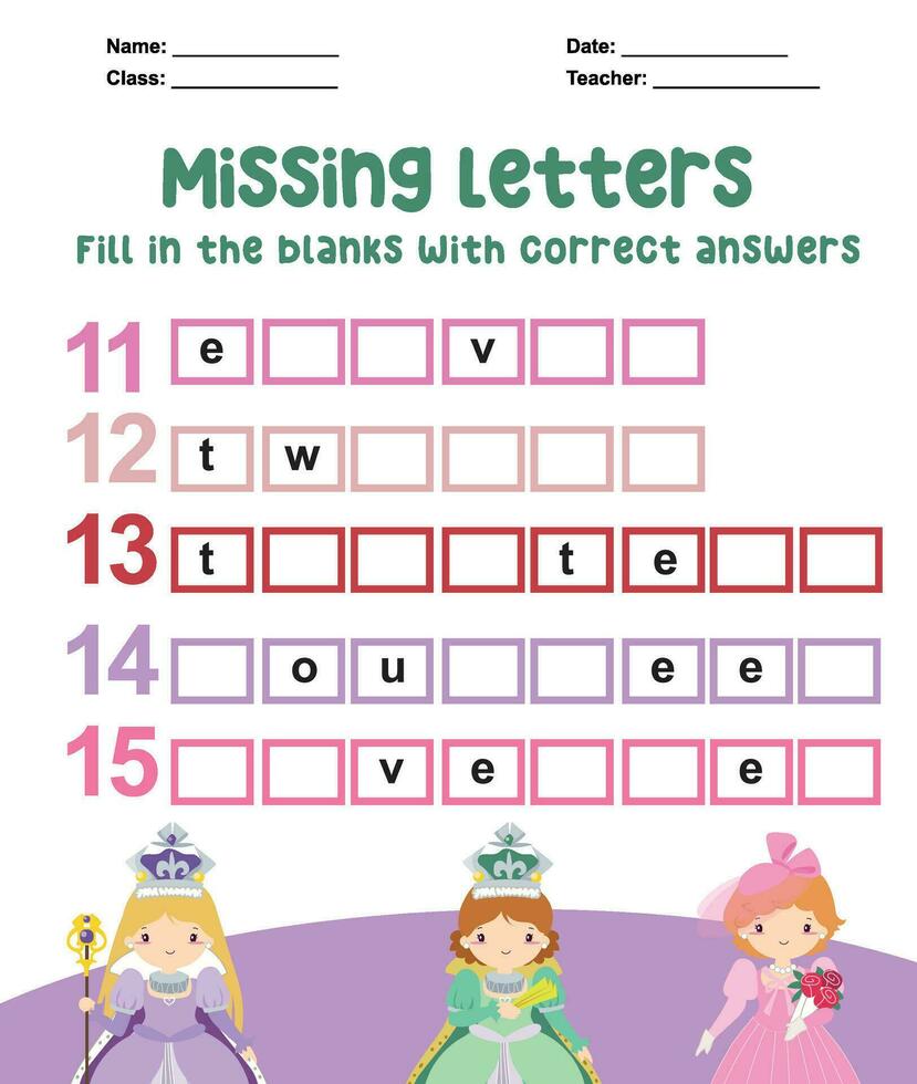 Missing letters worksheet. Complete the letters for number in English. Kids educational game. Printable worksheet for preschool. Writing practice. Vector file.