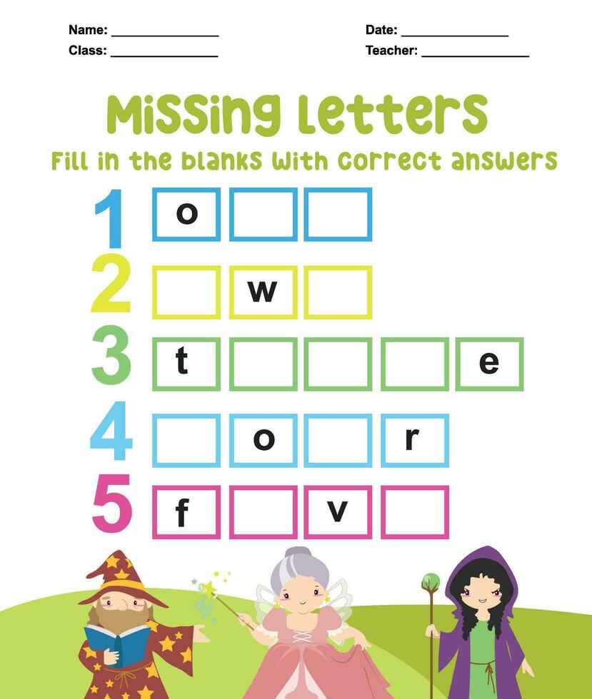 Missing letters worksheet. Complete the letters for number in English. Kids educational game. Printable worksheet for preschool. Writing practice. Vector file.