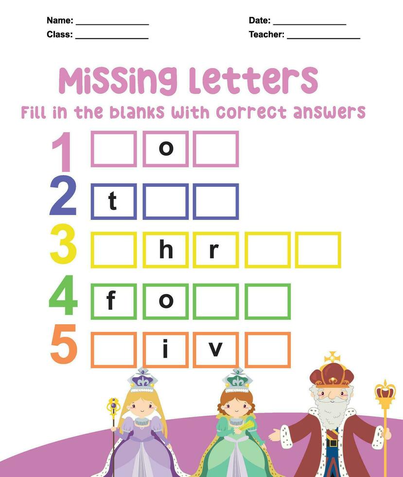 Missing letters worksheet. Complete the letters for number in English. Kids educational game. Printable worksheet for preschool. Writing practice. Vector file.