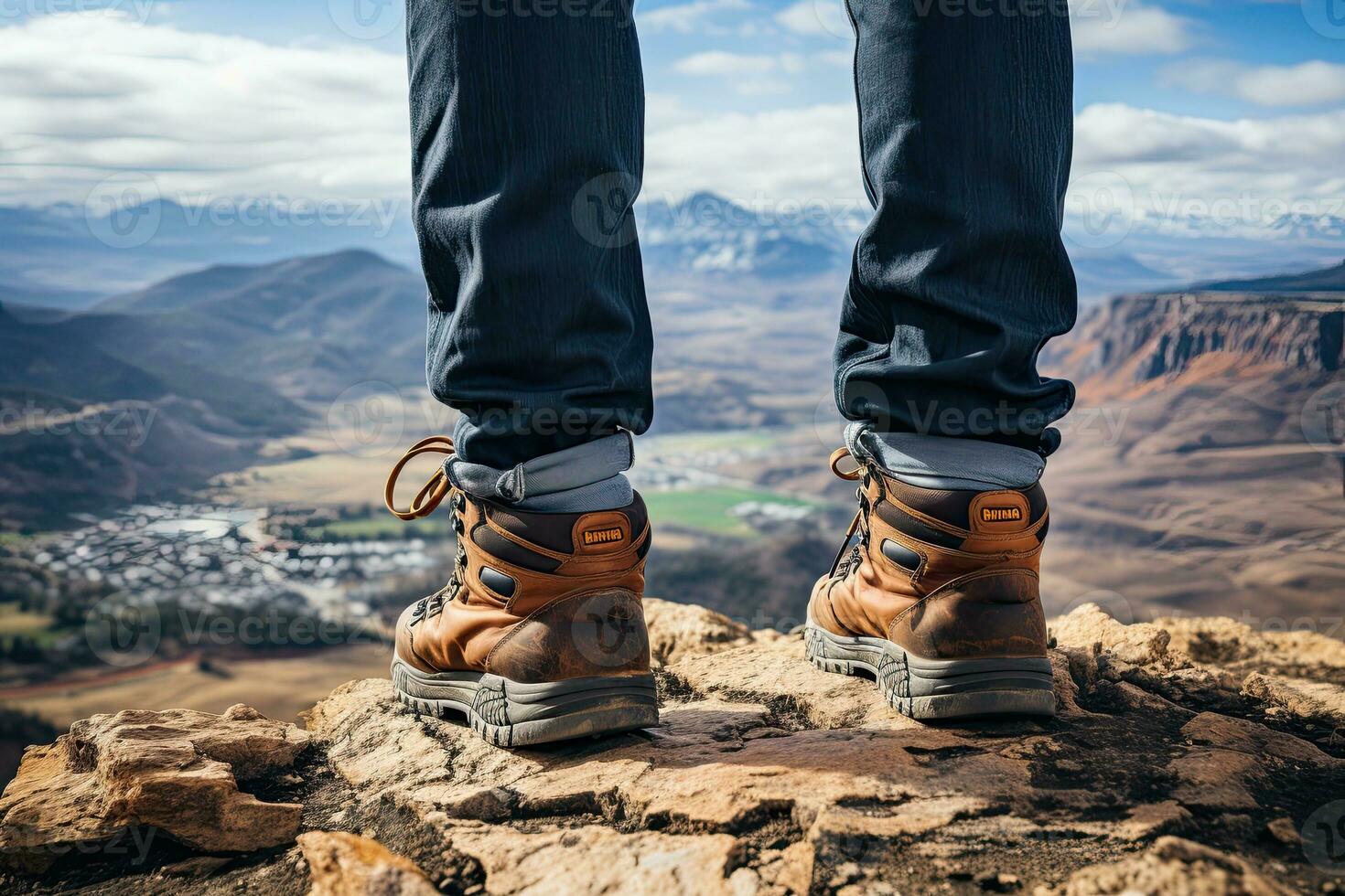 close view the legs of a young man standing on a hill. Generative AI photo