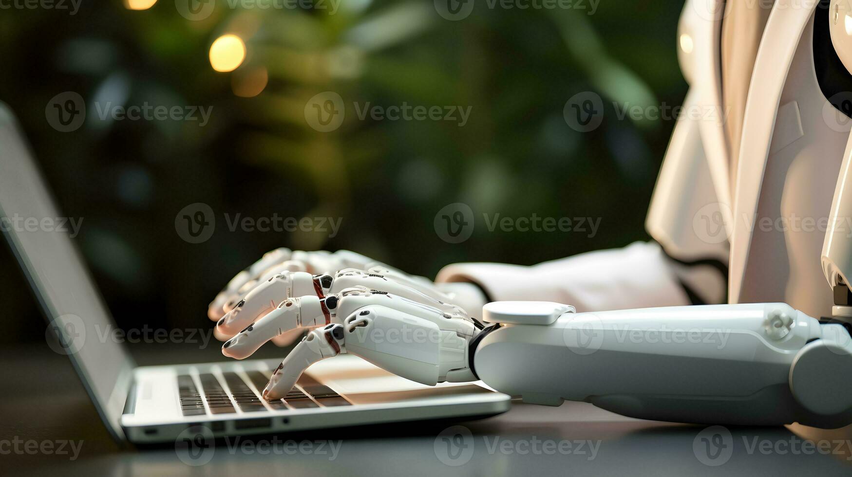 Robot hands typing laptop. Concept of future technology, machine learning or automation photo