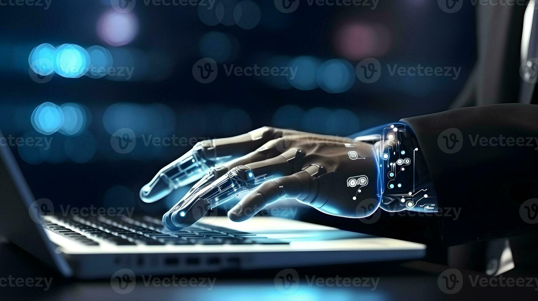 Robot hands typing laptop. Concept of future technology, machine learning or automation photo