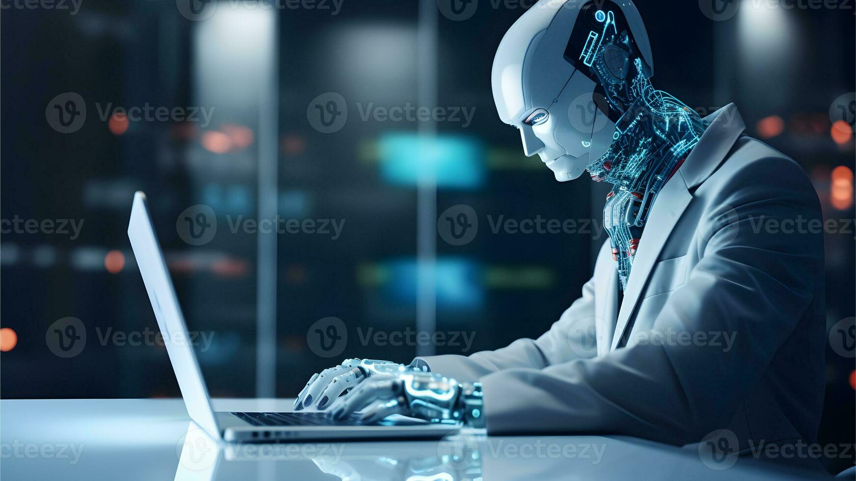 Robot typing laptop. Concept of future technology, machine learning or automation photo