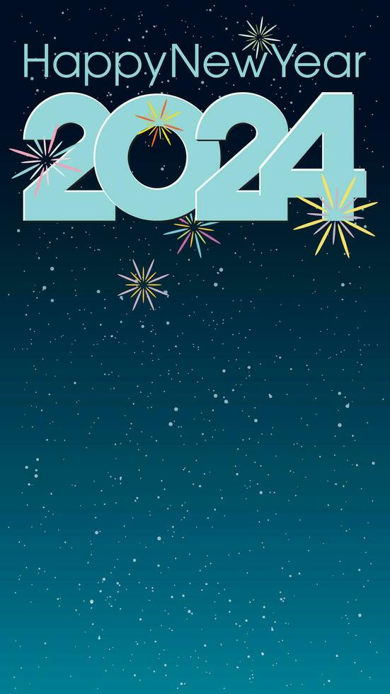 Happy New Year 2024 blue calligraphy with abstract colorful fireworks on night sky background have blank space. Greeting card vertical template. vector