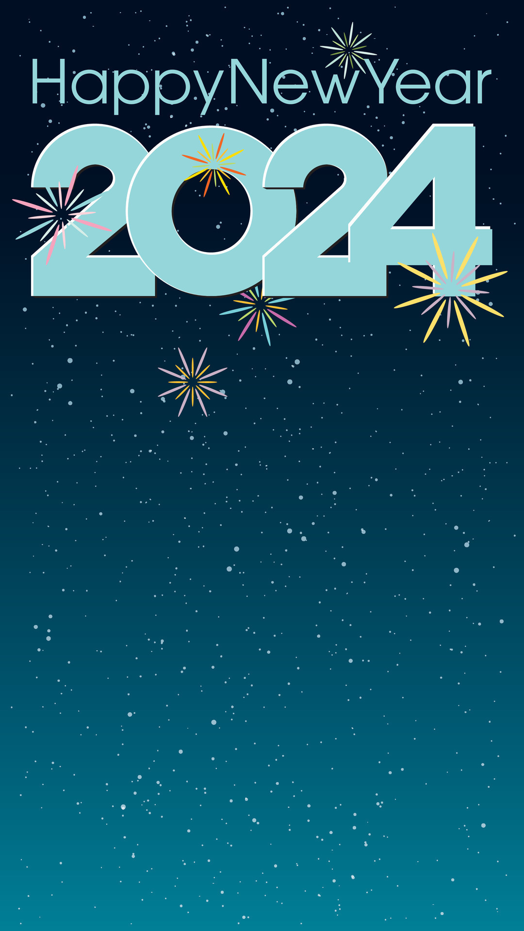 Happy New Year 2024 blue calligraphy with abstract colorful fireworks