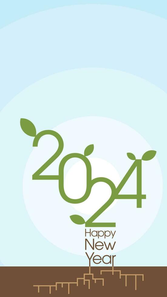 contento nuevo año 2024 caligrafía resumen como un joven planta creciente me gusta comenzando de el año. saludo tarjeta vertical modelo con blanco espacio. vector