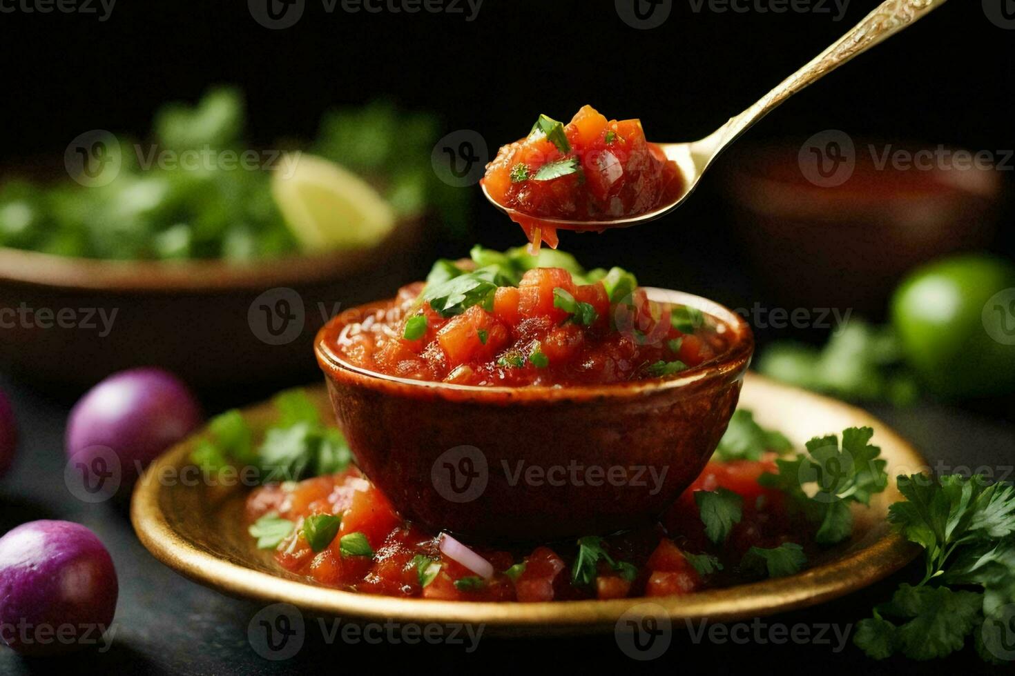 a spoonful of salsa. The salsa is made of diced tomatoes, red onions, and cilantro. photo