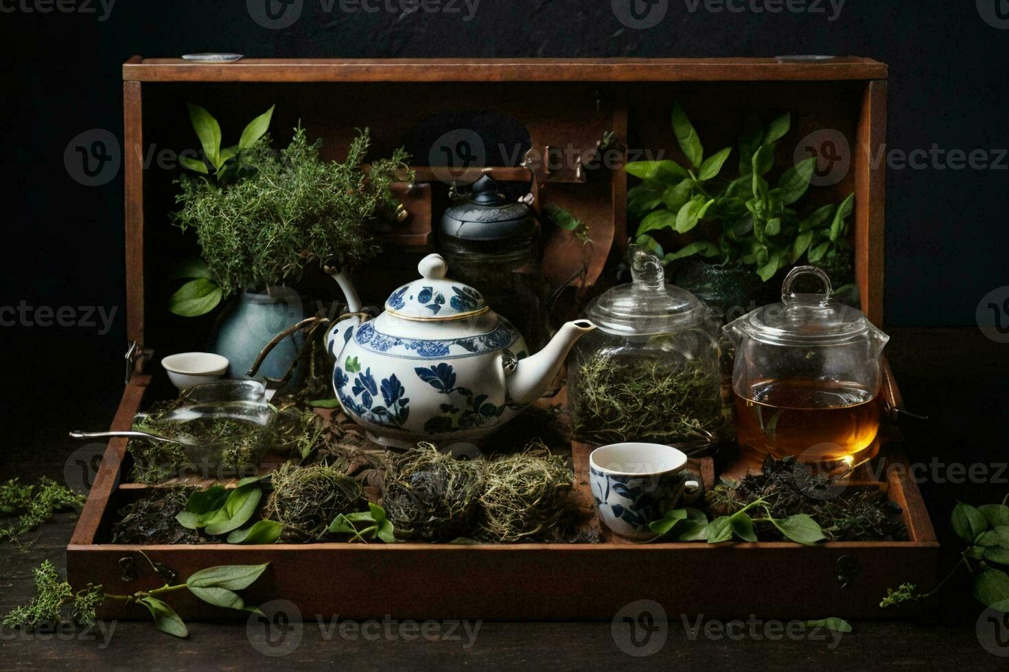 a wooden tea chest with an assortment of teapots, cups, and herbs photo