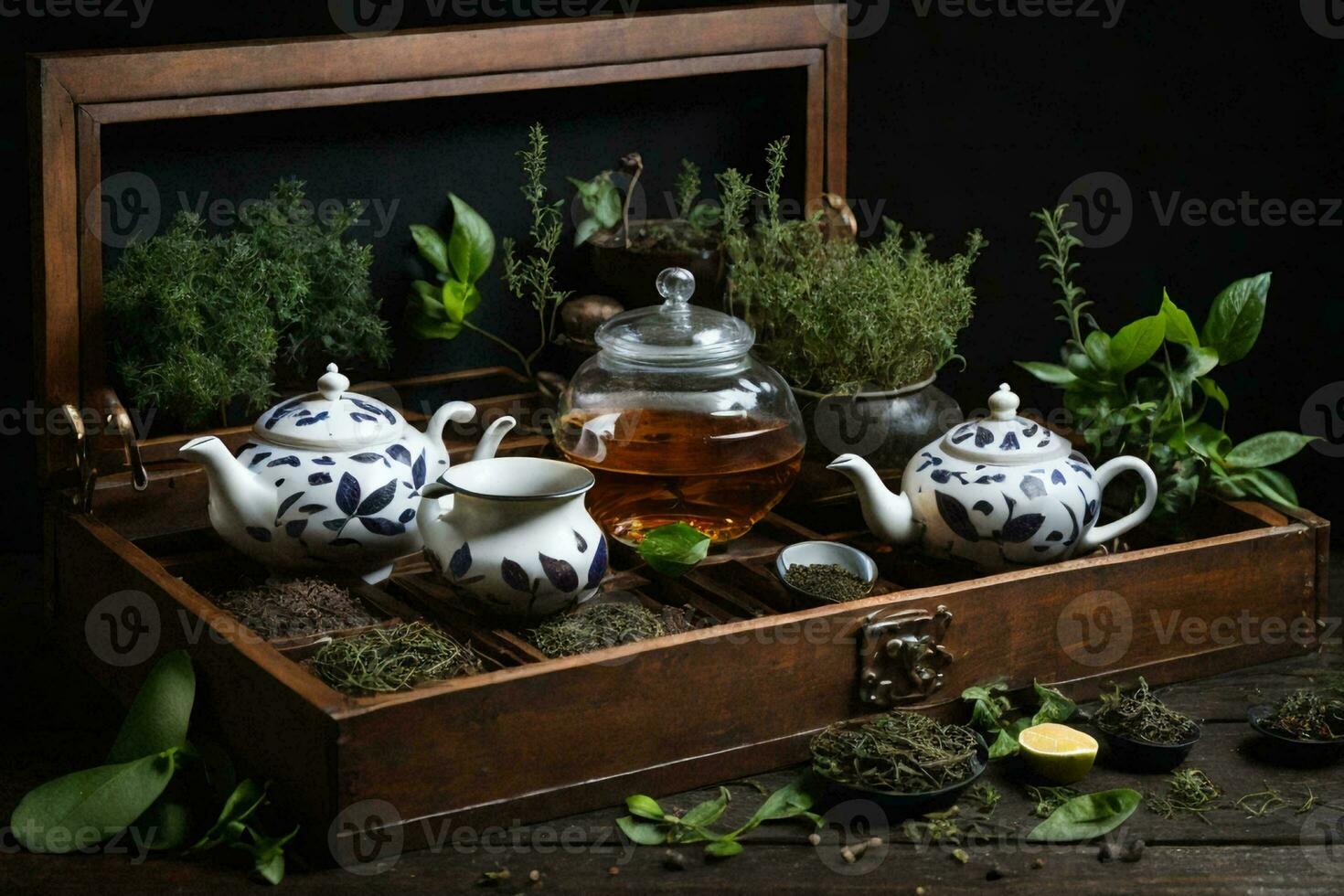 a wooden tea chest with an assortment of teapots, cups, and herbs photo