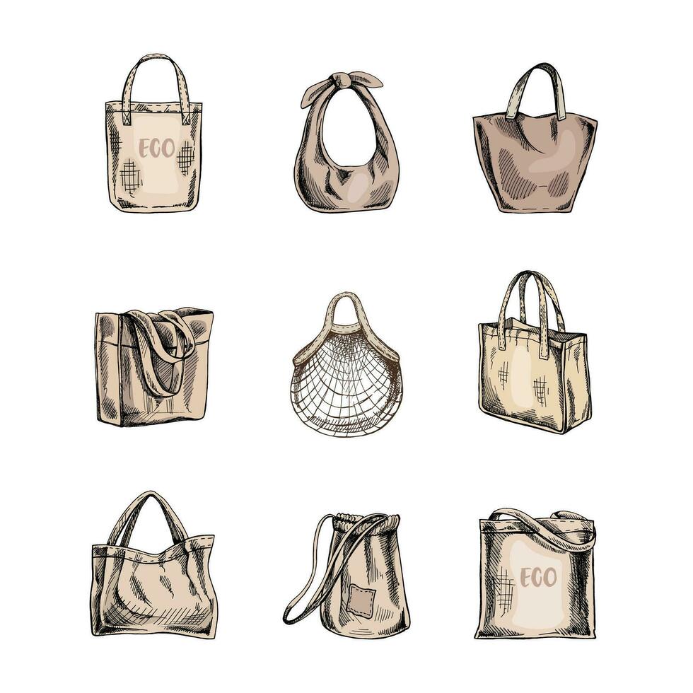 A hand-drawn set of colored sketches of eco-bags.  Ecological concept, nature protection, textile linen bag. Doodle drawing. Vintage illustration. vector