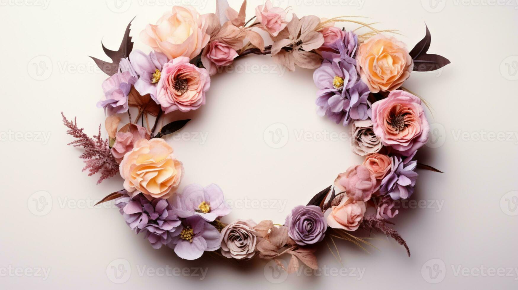 Top view of Blooming colorful wreath flowers and petals isolated on white table background, Floral frame composition, copy space, flat lay, AI Generative photo