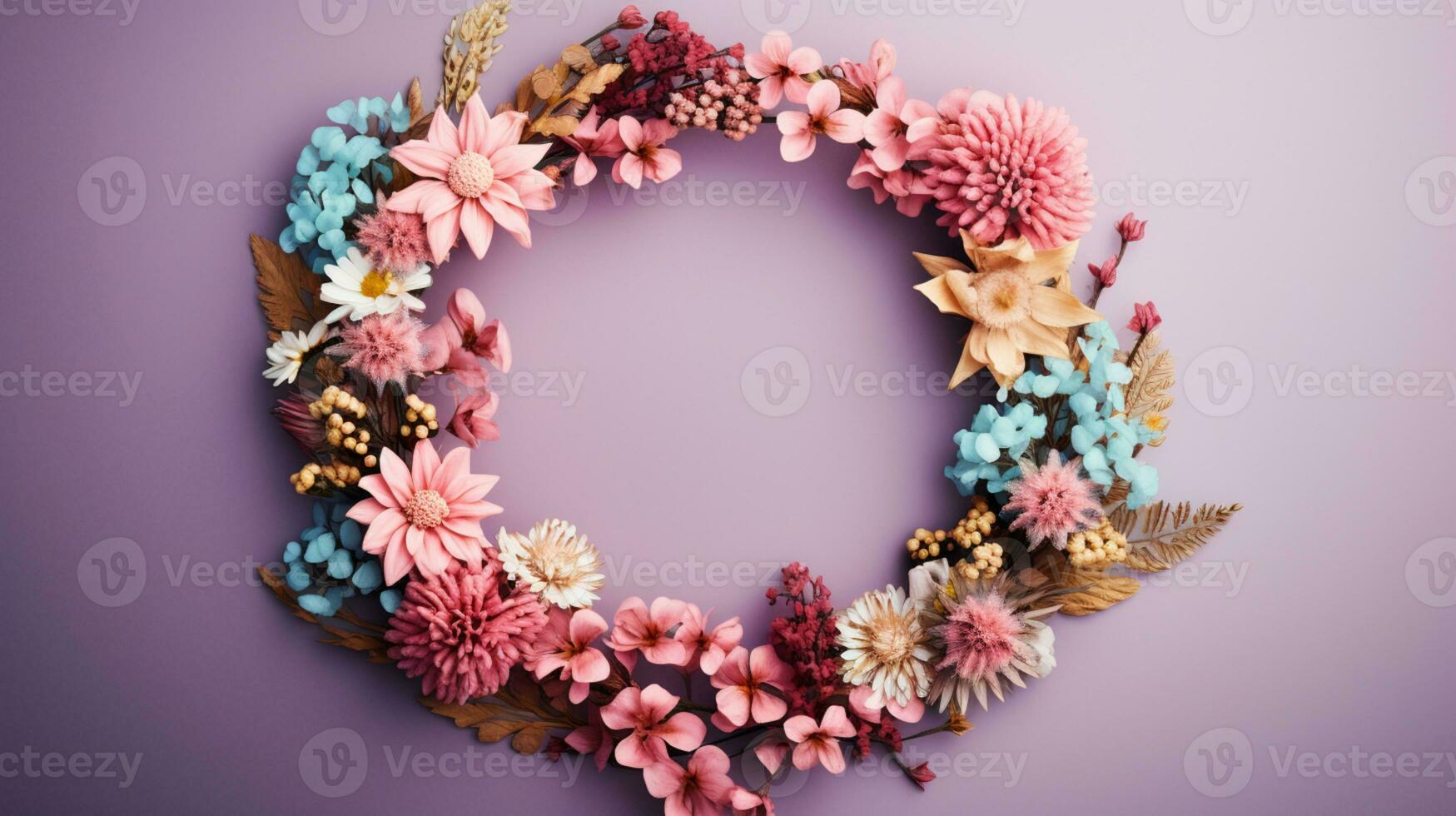 Top view of Blooming colorful wreath flowers and petals isolated on pastel table background, Floral frame composition, copy space, flat lay, AI Generative photo