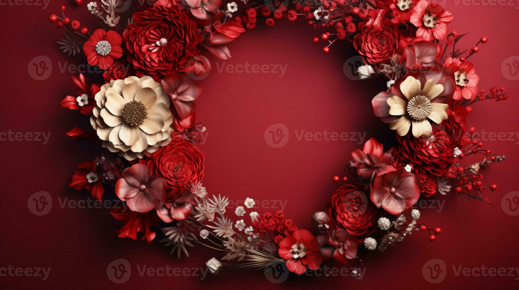 Top view of Blooming colorful wreath flowers and petals isolated on red table background, Floral frame composition, copy space, flat lay, AI Generative photo