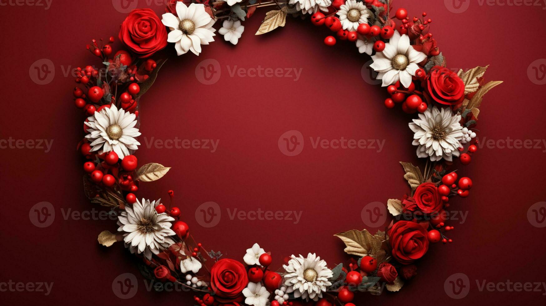 Top view of Blooming colorful wreath flowers and petals isolated on red table background, Floral frame composition, copy space, flat lay, AI Generative photo