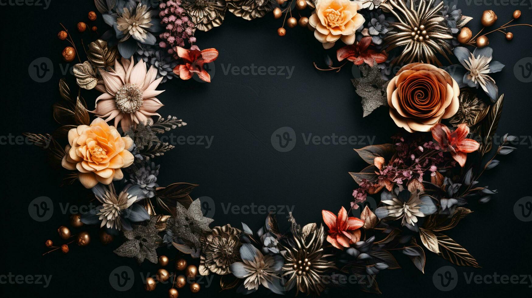 Top view of Blooming colorful wreath flowers and petals isolated on table black background, Floral frame composition, copy space, flat lay, AI Generative photo