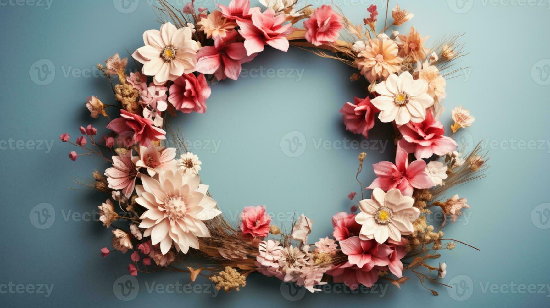 Top view of Blooming colorful wreath flowers and petals isolated on pastel table background, Floral frame composition, copy space, flat lay, AI Generative photo