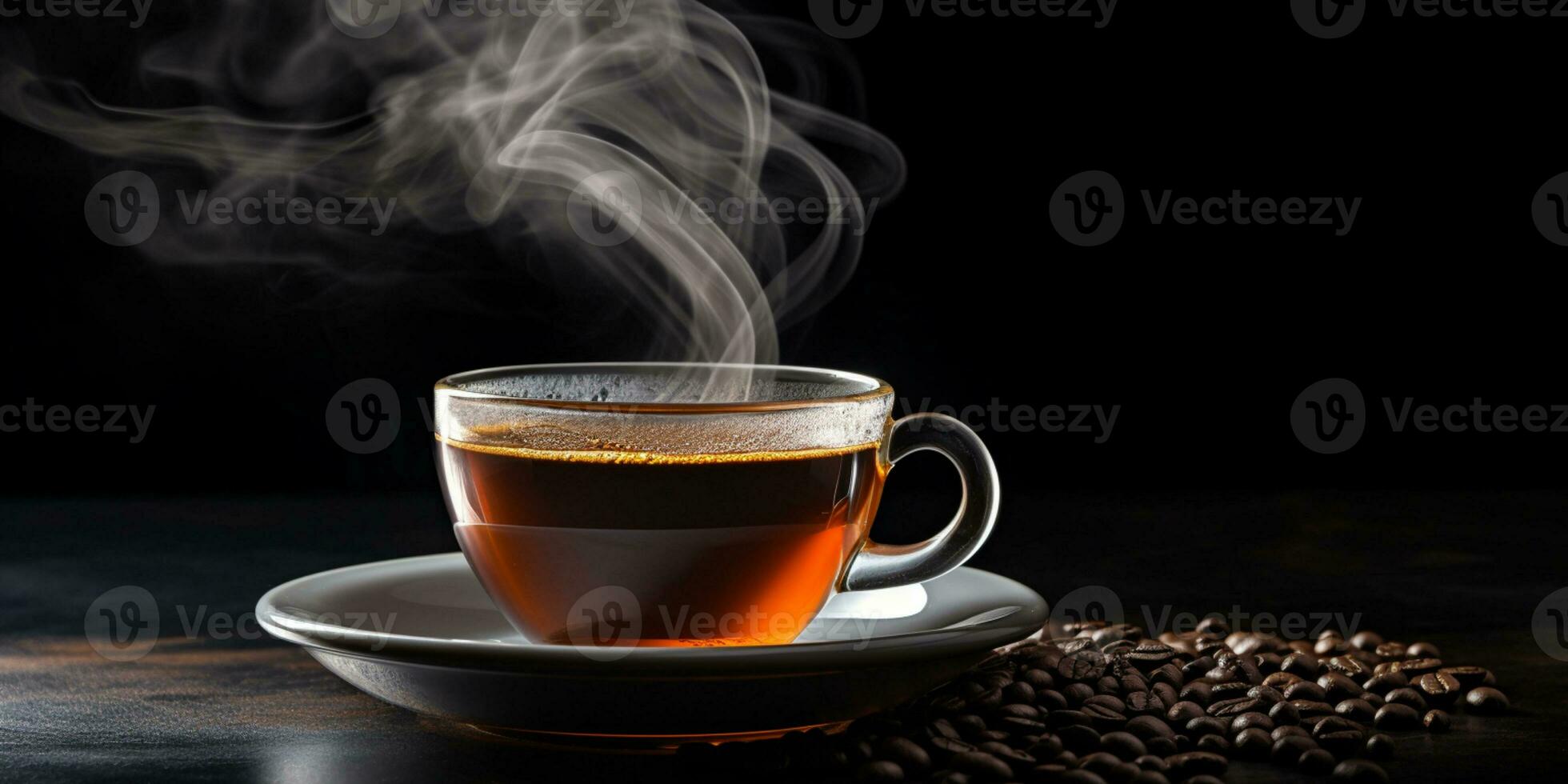 refrescante taza de caliente café en un mesa aislado en negro fondo, Copiar espacio, acogedor calentar ánimo, ai generativo foto