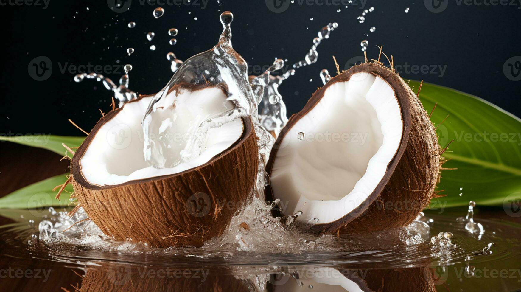 mitades de un Coco con agua chapoteo aislado en fondo, sano tropical alimento., ai generativo foto