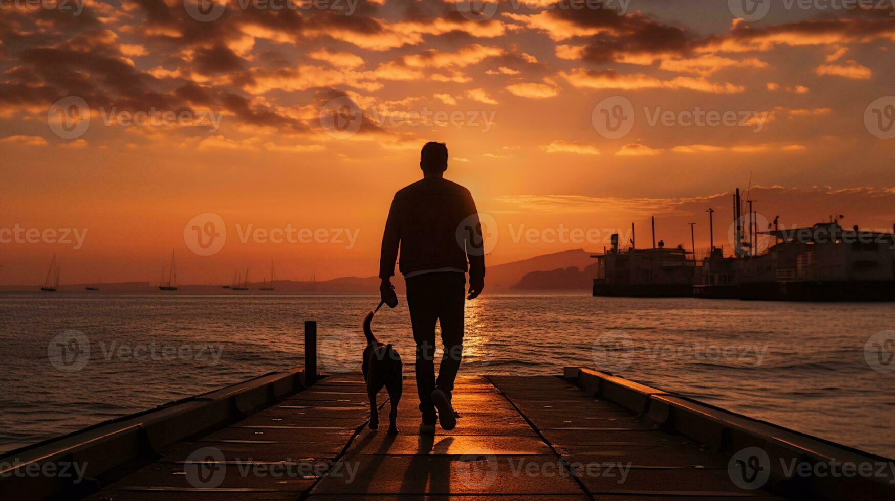 fotografía-silueta de un hombre caminando su perro en el muelle, dorado hora, ai generado foto