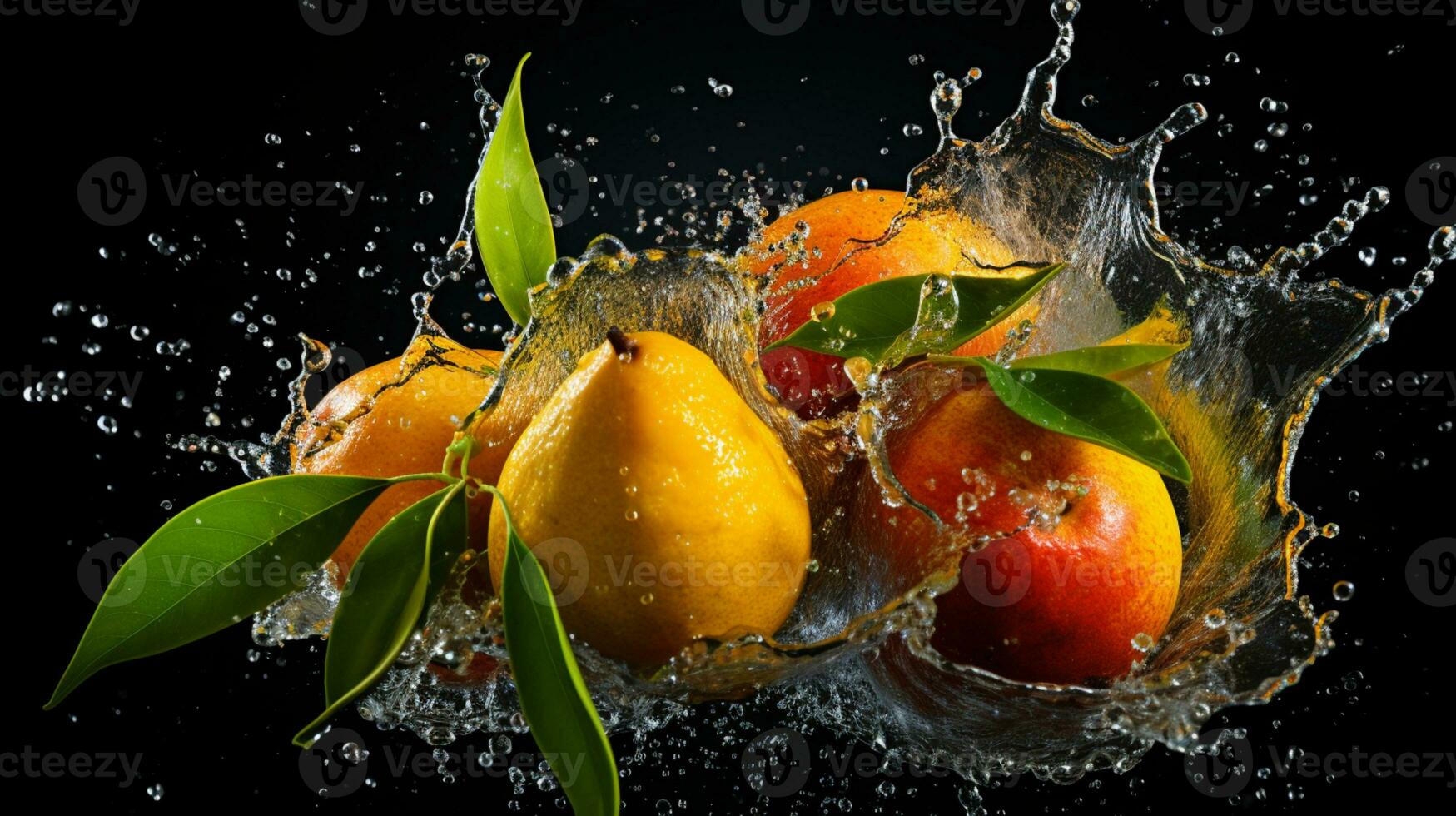 Fresh juicy mango with water splash isolated on background, healthy tropical fruit photo