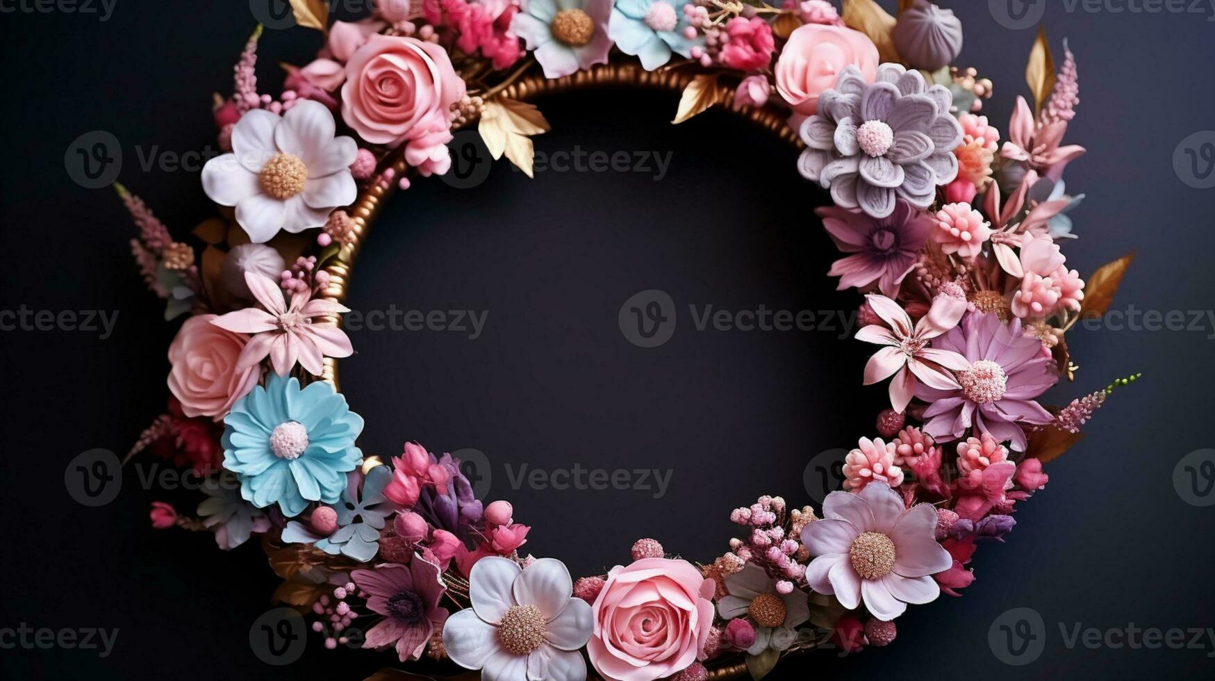 Top view of Blooming colorful wreath flowers and petals isolated on table black background, Floral frame composition, copy space, flat lay, AI Generative photo