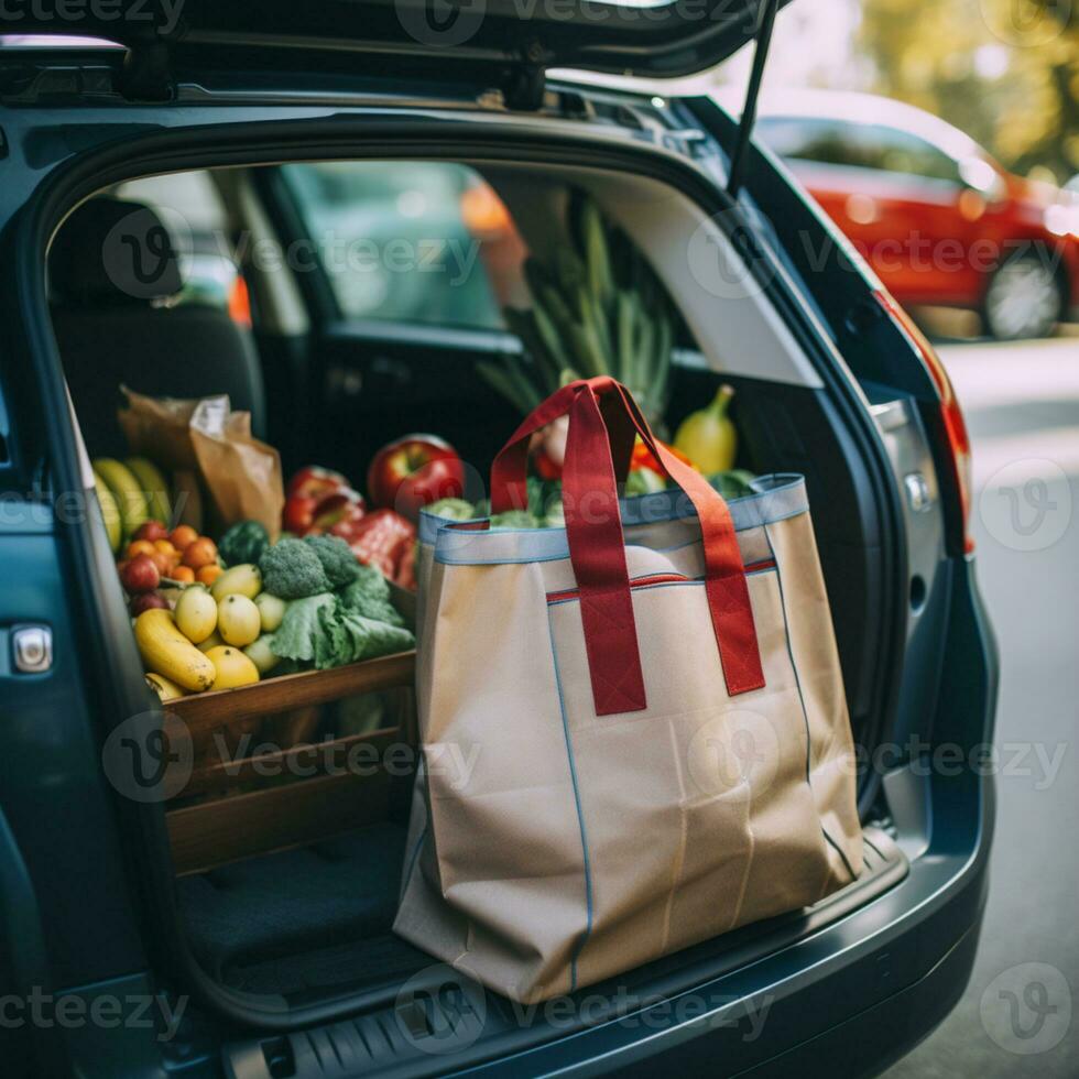 Shopping bag with groceries and car parking in the back photo