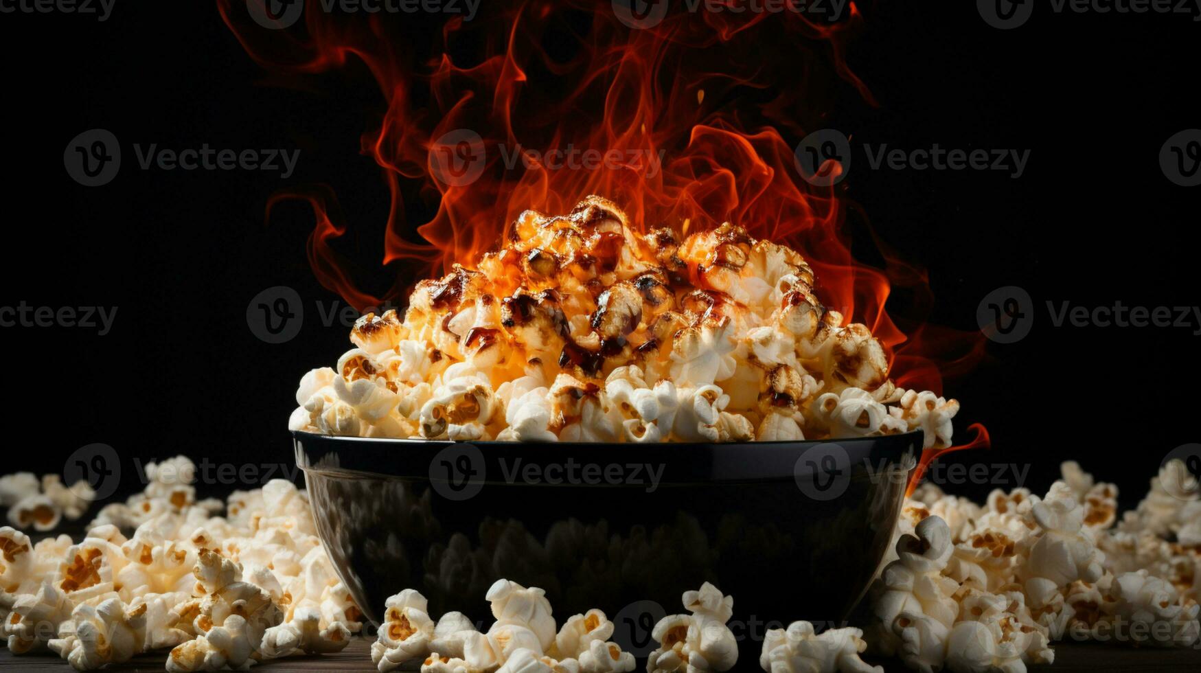 Salted hot Popcorn with smoke in bowl or bucket isolated on black background photo