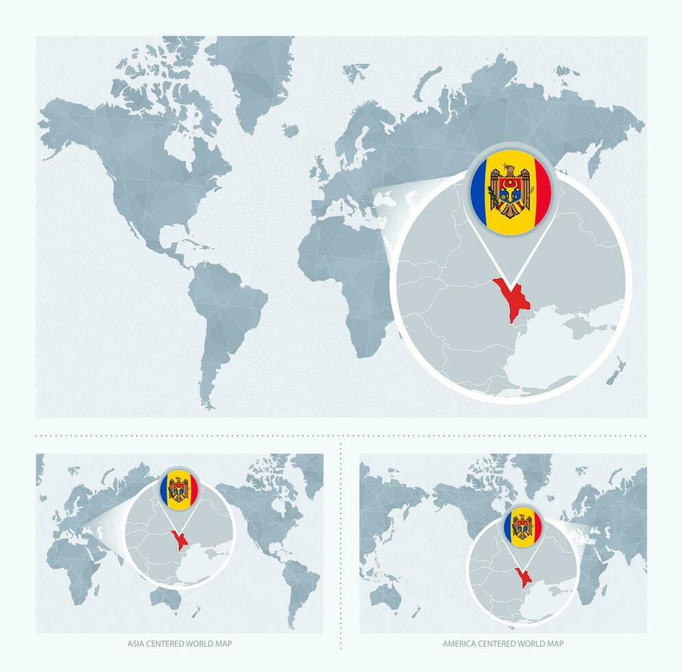 Magnified Moldova over Map of the World, 3 versions of the World Map with flag and map of Moldova. vector