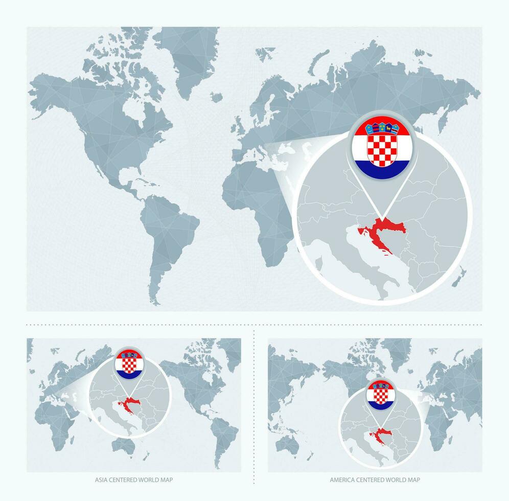 magnificado Croacia terminado mapa de el mundo, 3 versiones de el mundo mapa con bandera y mapa de Croacia. vector