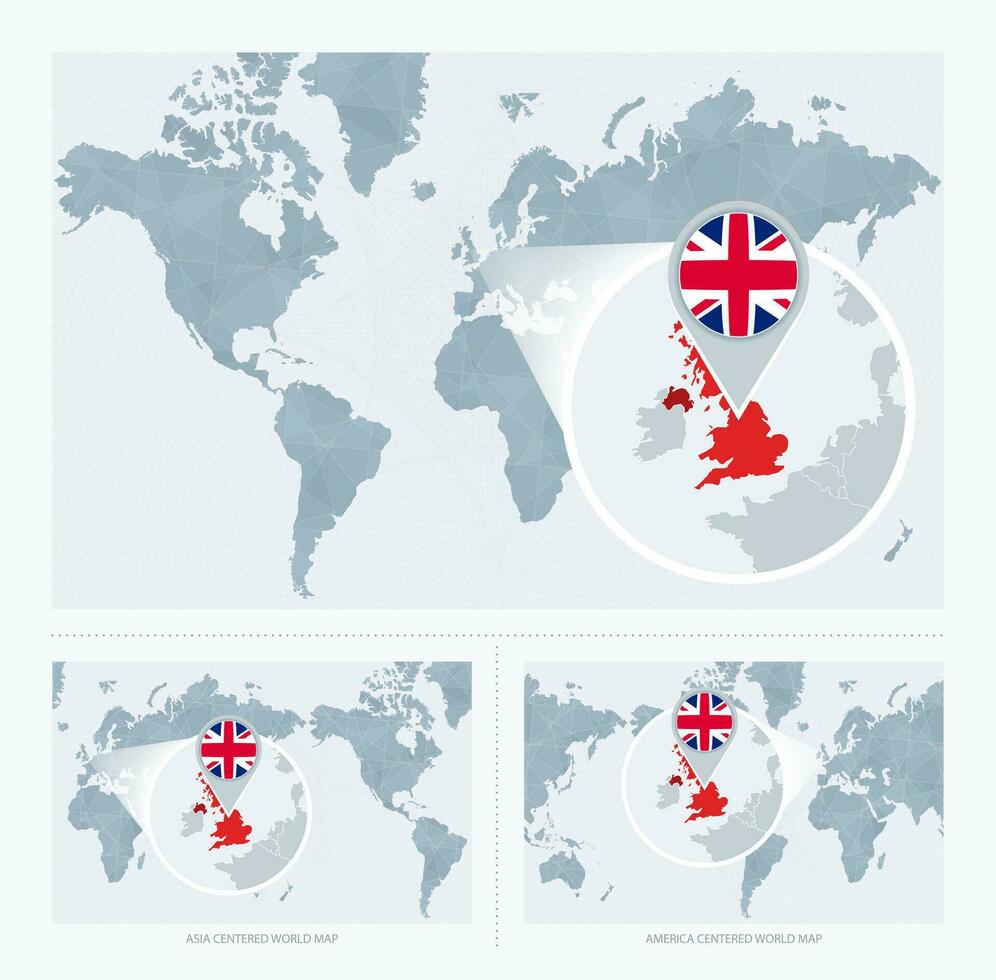 magnificado unido Reino terminado mapa de el mundo, 3 versiones de el mundo mapa con bandera y mapa de unido Reino. vector