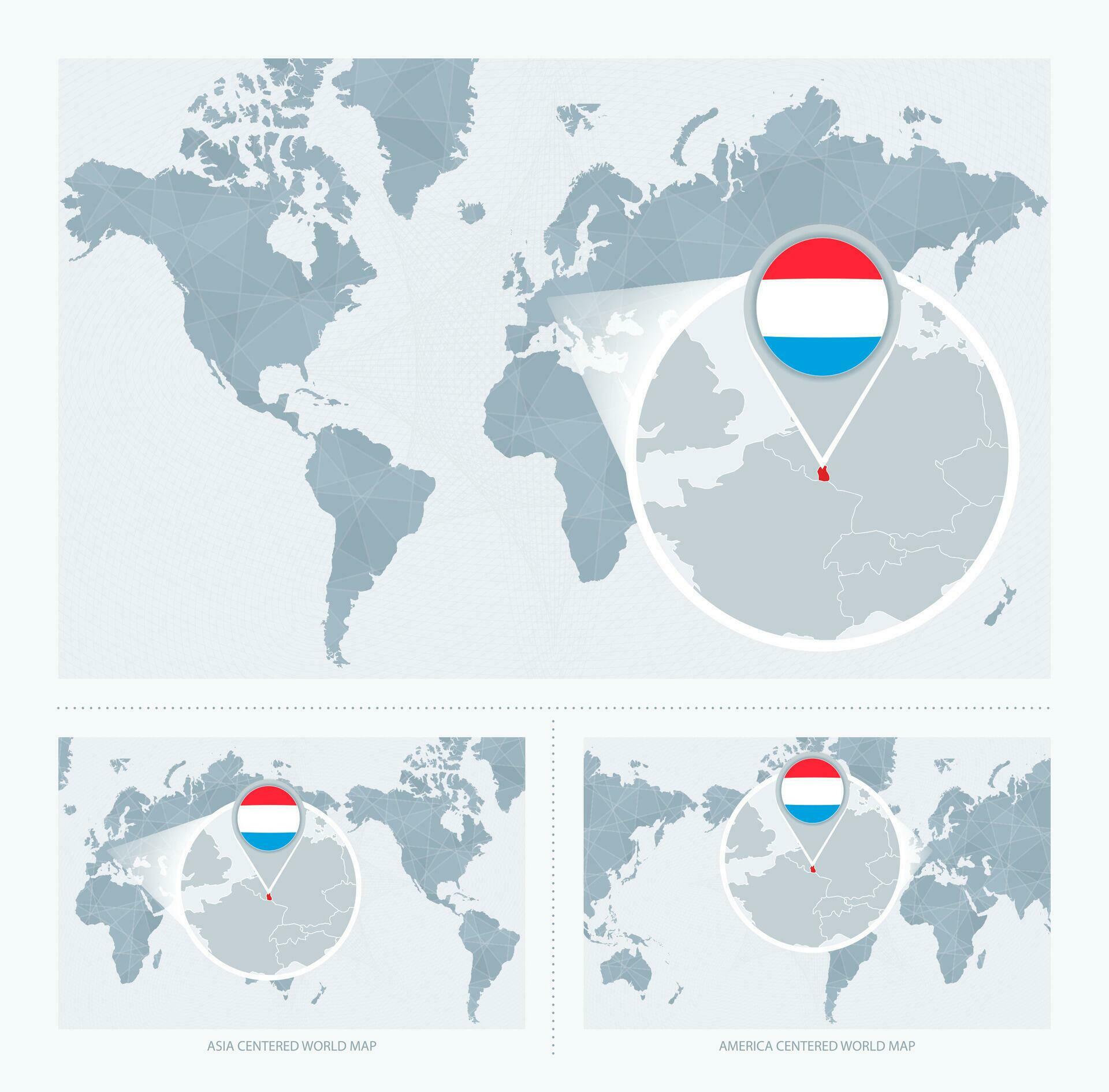 Magnified Luxembourg Over Map Of The World 3 Versions Of The World Map Magnified Luxembourg Over Map Of The World 3 Versions Of The World Map With Flag And Map Of Luxembourg Vector 