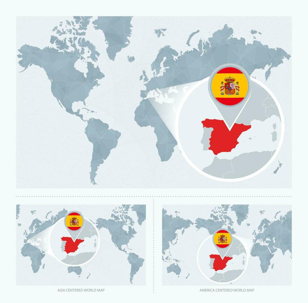 magnificado España terminado mapa de el mundo, 3 versiones de el mundo mapa con bandera y mapa de España. vector